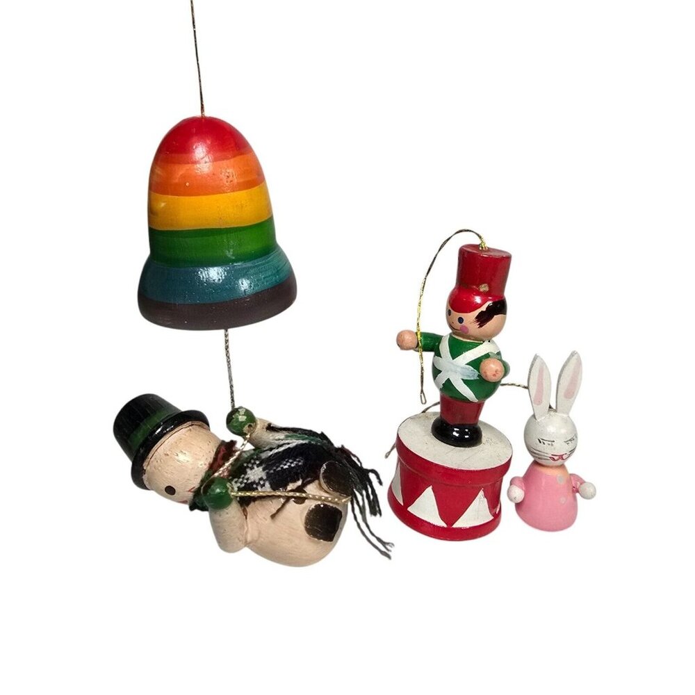 Wooden Ornament Lot Vintage Wood Hand Painted Bunny Rabbit Toy Soldier Snowman